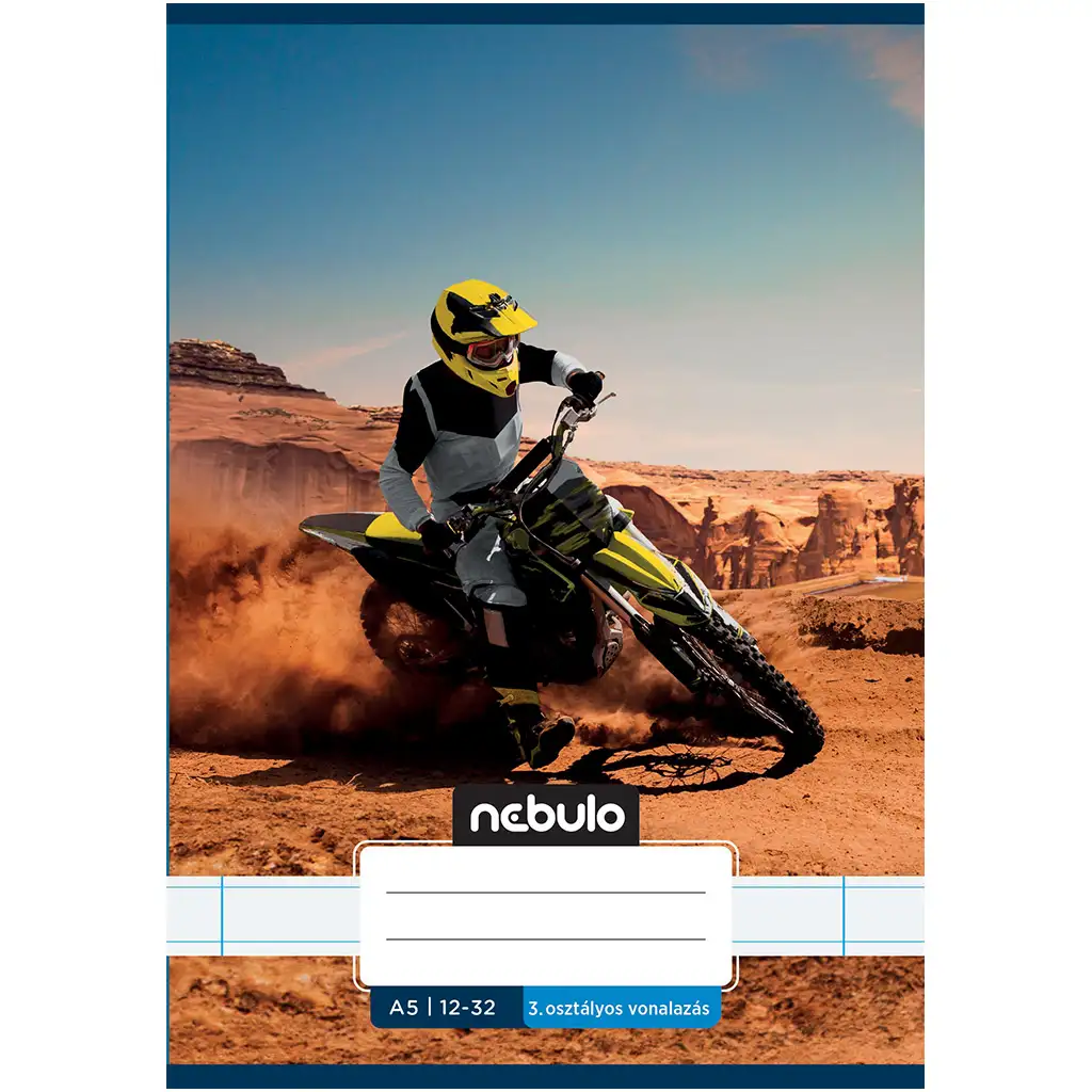 Nebulo: Uvezana bilježnica s crtama i uzorkom, za 3. razred, s motivom cross motociklista u pustinji, format A/5, 12-32
