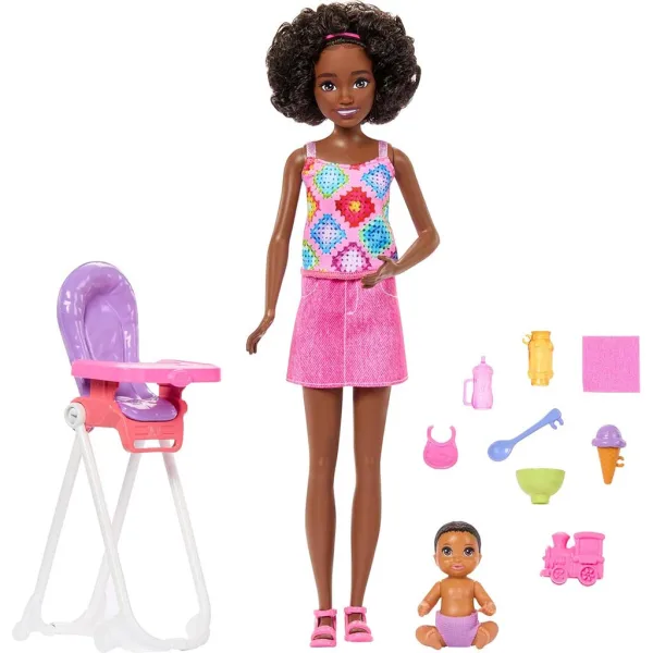Barbie lutka u ružičastoj haljini, set za igru dadilje – Mattel slika 2