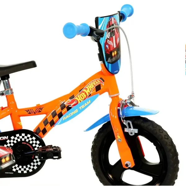 Hot Wheels 12” dječji bicikl s držačem za bocu i pomoćnim kotačima u narančasto-crnoj boji – Dino Bikes bicikl slika 3