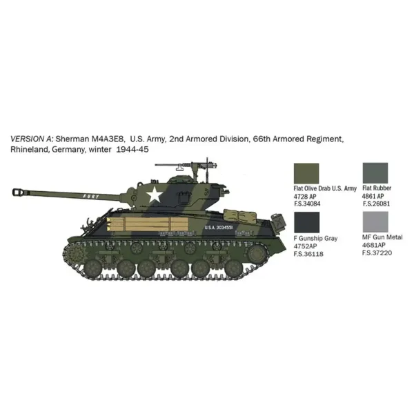 Italeri 1/56 M4A3E8 Sherman Fury tenk maketa slika 3