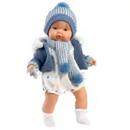 Llorens: Sasha, 38 cm-ova plačuća beba s dudom u plavom kaputu s resastim šalom.