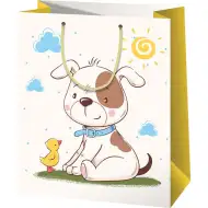 Prijateljstvo psa i pilića kao uzorak na velikoj ekskluzivnoj poklon torbi dimenzija 27x14x33cm