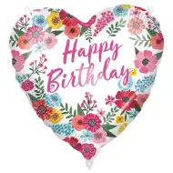 Rođendanski folija balon – s natpisom „Happy Birthday”, u obliku srca, s cvjetnim uzorkom, 46 cm