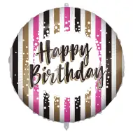Rođendanski folija balon – s natpisom „Happy Birthday”, zlatno-crno-ružičasti prugasti dizajn 46 cm