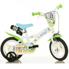 Bluey 12” dječji bicikl s držačem za boce i bočnim kotačima u bijelo-plavoj-zelenoj boji – Dino Bikes bicikl