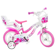Flappy 12” dječji bicikl s košaricom i sjedalicom za lutke u ružičasto-bijeloj boji - Dino Bikes bicikl
