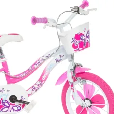 Flappy 14” dječji bicikl s košarom i sjedalom za lutke u ružičasto-bijeloj boji – Dino Bikes bicikl slika 3