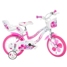 Flappy 14” dječji bicikl s košarom i sjedalicom za bebe u ružičasto-bijeloj boji – Dino Bikes bicikl