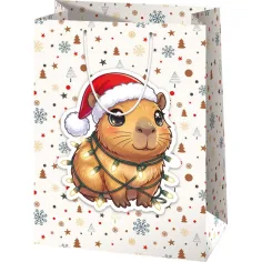 Giant gift bag with capybara pattern and Christmas hat 33x15x44,5cm
