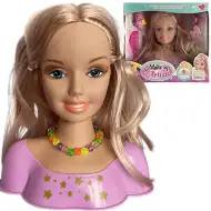 Glava lutke na češljanje s plavom kosom, mašnama i dodacima