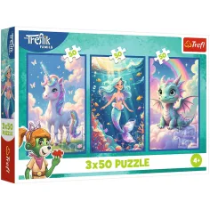 Šarena bajkovita zemlja – 3 x 50 komada puzzle s jednorogom, sirenom i zmajem – Trefl