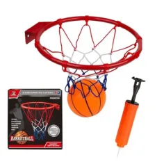 Set metalnih košarkaških prstenova s ​​mrežom u boji, loptom i pumpom, 22 cm slika 3