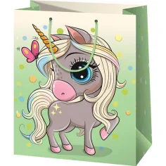 Zelena ekskluzivna velika torba za poklone s uzorkom jednoroga 26x13x33cm